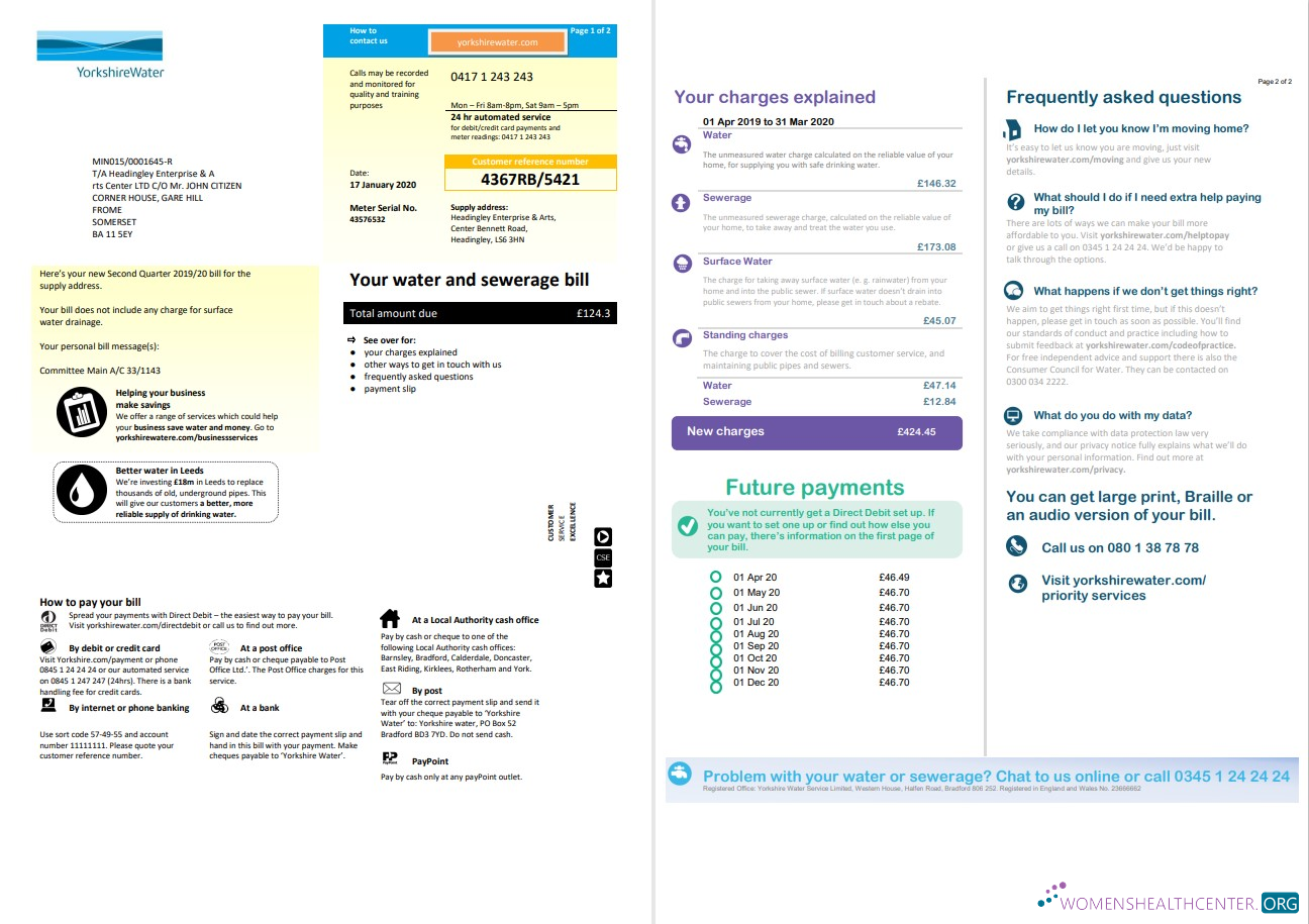download United Kingdom Yorkshire water utility bill template in Word and PDF format (2 pages) PDF template